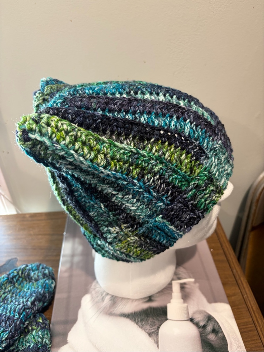 Handmade Crochet Cat Ear Beanie Blue Green Boho Hippie Hat - Picture 3 of 5